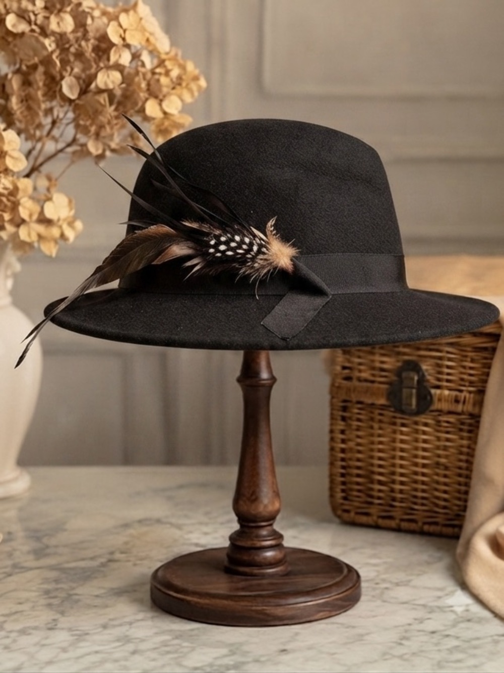Vintage Chapelier Artistique Montreal Black Felt Cloche Hat with Feather Trim